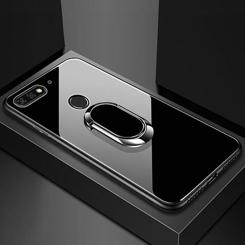 Custodia Silicone Specchio Laterale Cover con Magnetico Anello Supporto per Huawei Y6 (2018) Nero