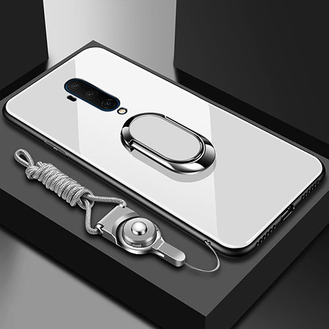 Custodia Silicone Specchio Laterale Cover con Magnetico Anello Supporto per OnePlus 7T Pro Bianco