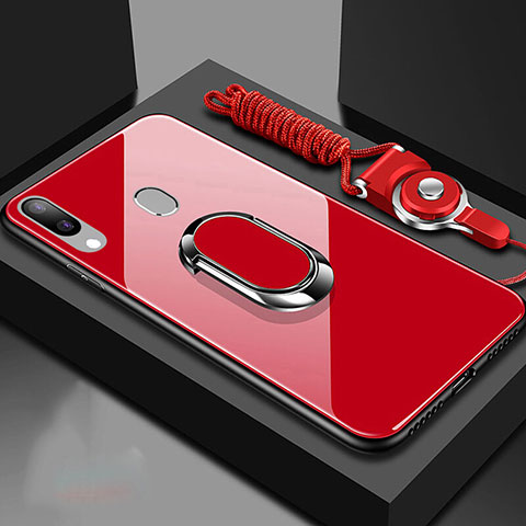 Custodia Silicone Specchio Laterale Cover con Magnetico Anello Supporto per Samsung Galaxy A30 Rosso