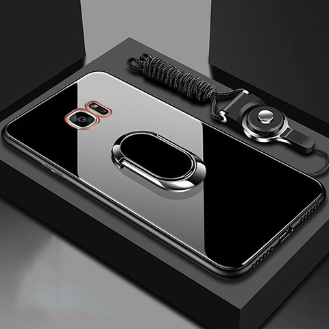 Custodia Silicone Specchio Laterale Cover con Magnetico Anello Supporto per Samsung Galaxy S7 Edge G935F Nero