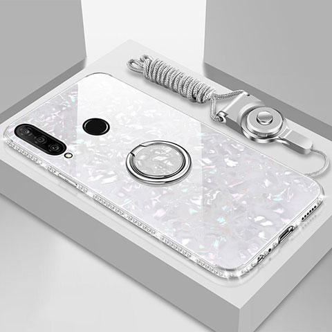 Custodia Silicone Specchio Laterale Cover con Magnetico Anello Supporto T01 per Huawei Honor 20i Bianco