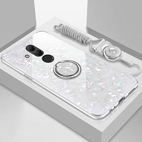 Custodia Silicone Specchio Laterale Cover con Magnetico Anello Supporto T01 per Huawei Mate 20 Lite Bianco