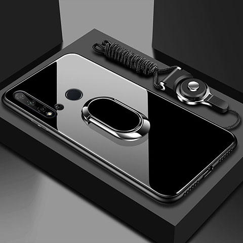 Custodia Silicone Specchio Laterale Cover con Magnetico Anello Supporto T01 per Huawei Nova 5i Nero