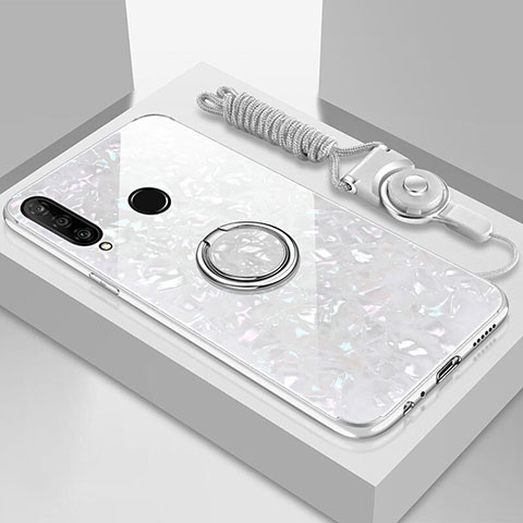 Custodia Silicone Specchio Laterale Cover con Magnetico Anello Supporto T01 per Huawei P30 Lite New Edition Bianco
