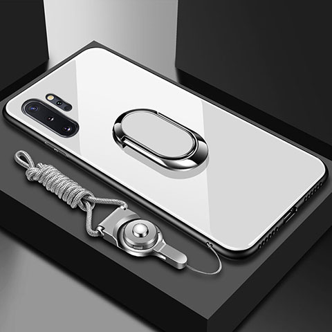 Custodia Silicone Specchio Laterale Cover con Magnetico Anello Supporto T01 per Samsung Galaxy Note 10 Plus 5G Bianco