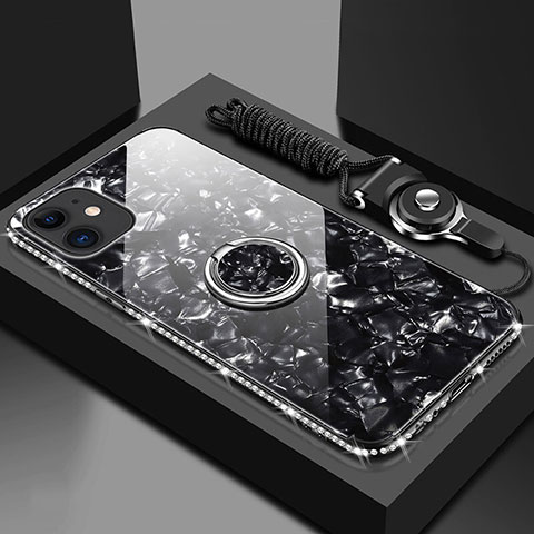 Custodia Silicone Specchio Laterale Cover con Magnetico Anello Supporto T02 per Apple iPhone 11 Nero