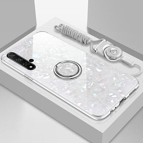 Custodia Silicone Specchio Laterale Cover con Magnetico Anello Supporto T02 per Huawei Nova 5 Pro Bianco