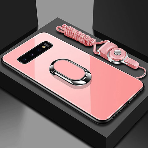 Custodia Silicone Specchio Laterale Cover con Magnetico Anello Supporto T02 per Samsung Galaxy S10 Plus Rosa