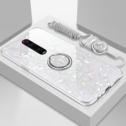 Custodia Silicone Specchio Laterale Cover con Magnetico Anello Supporto T02 per Xiaomi Mi 9T Bianco