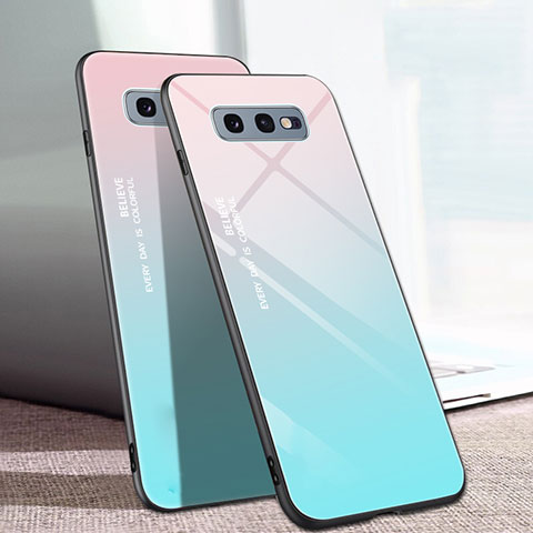 Custodia Silicone Specchio Laterale Sfumato Arcobaleno Cover H02 per Samsung Galaxy S10e Ciano