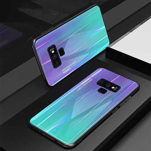 Custodia Silicone Specchio Laterale Sfumato Arcobaleno Cover M01 per Samsung Galaxy Note 9 Ciano