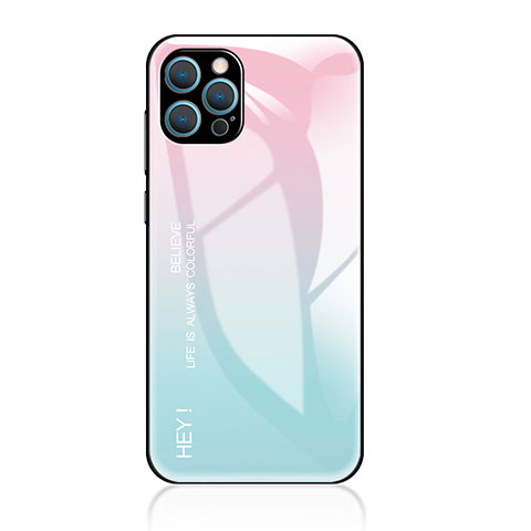 Custodia Silicone Specchio Laterale Sfumato Arcobaleno Cover per Apple iPhone 14 Pro Ciano