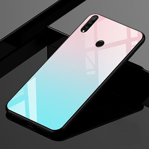 Custodia Silicone Specchio Laterale Sfumato Arcobaleno Cover per Huawei P30 Lite Ciano