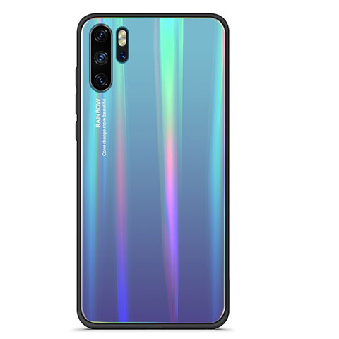 Custodia Silicone Specchio Laterale Sfumato Arcobaleno Cover per Huawei P30 Pro Ciano