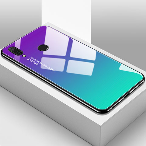 Custodia Silicone Specchio Laterale Sfumato Arcobaleno Cover per Huawei Y9 (2019) Ciano