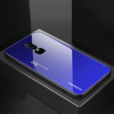 Custodia Silicone Specchio Laterale Sfumato Arcobaleno Cover per OnePlus 6 Blu