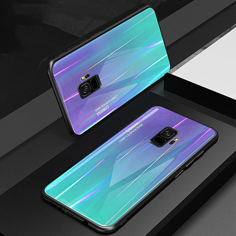 Custodia Silicone Specchio Laterale Sfumato Arcobaleno Cover per Samsung Galaxy S9 Ciano
