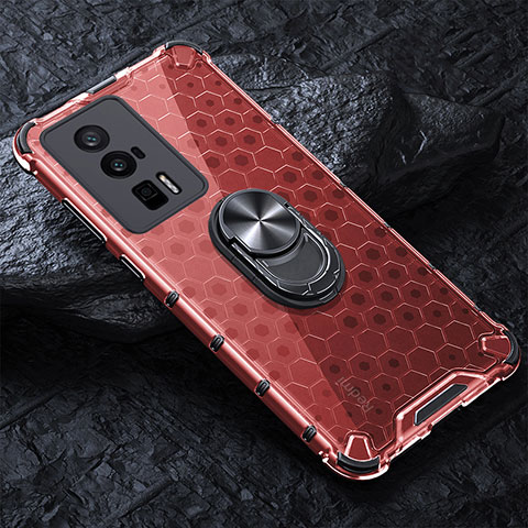 Custodia Silicone Trasparente Specchio Laterale 360 Gradi con Magnetico Anello Supporto AM1 per Xiaomi Poco F5 Pro 5G Rosso