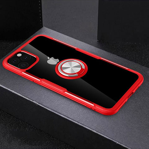 Custodia Silicone Trasparente Specchio Laterale 360 Gradi con Magnetico Anello Supporto M01 per Apple iPhone 11 Pro Max Rosso