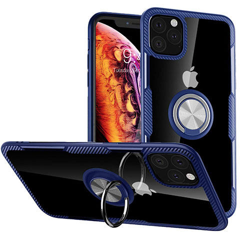 Custodia Silicone Trasparente Specchio Laterale 360 Gradi con Magnetico Anello Supporto M02 per Apple iPhone 11 Pro Blu