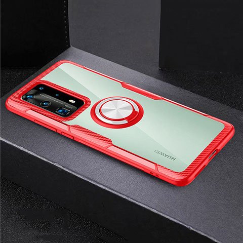 Custodia Silicone Trasparente Specchio Laterale 360 Gradi con Magnetico Anello Supporto per Huawei P40 Pro+ Plus Rosso