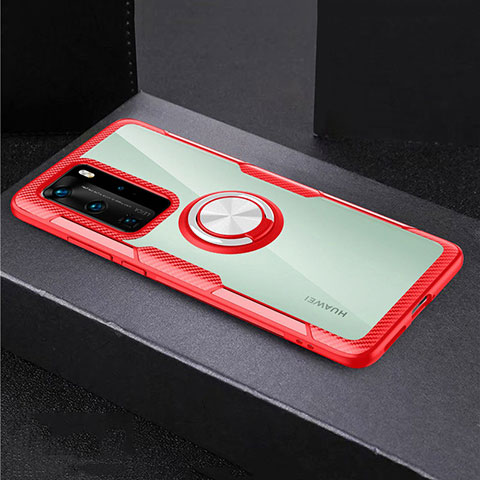 Custodia Silicone Trasparente Specchio Laterale 360 Gradi con Magnetico Anello Supporto per Huawei P40 Pro Rosso