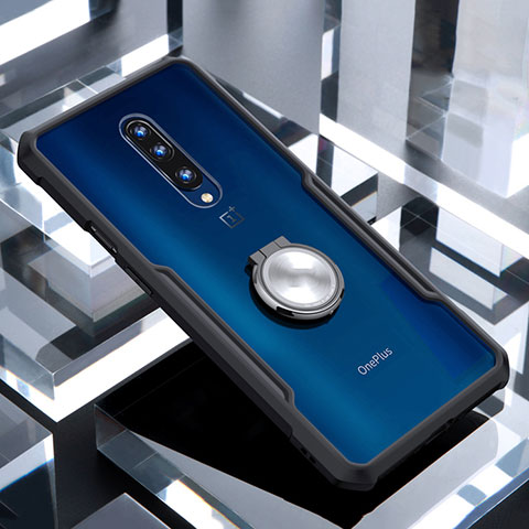 Custodia Silicone Trasparente Specchio Laterale 360 Gradi con Magnetico Anello Supporto per OnePlus 7 Pro Nero