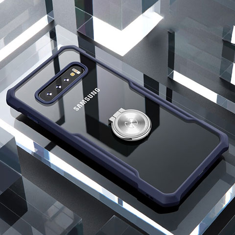 Custodia Silicone Trasparente Specchio Laterale 360 Gradi con Magnetico Anello Supporto per Samsung Galaxy S10 Plus Blu