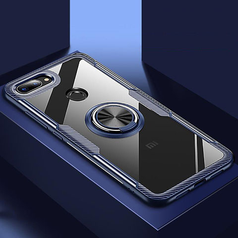 Custodia Silicone Trasparente Specchio Laterale 360 Gradi con Magnetico Anello Supporto per Xiaomi Mi 8 Lite Blu