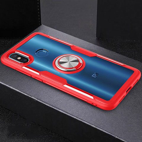 Custodia Silicone Trasparente Specchio Laterale 360 Gradi con Magnetico Anello Supporto per Xiaomi Mi 8 Rosso