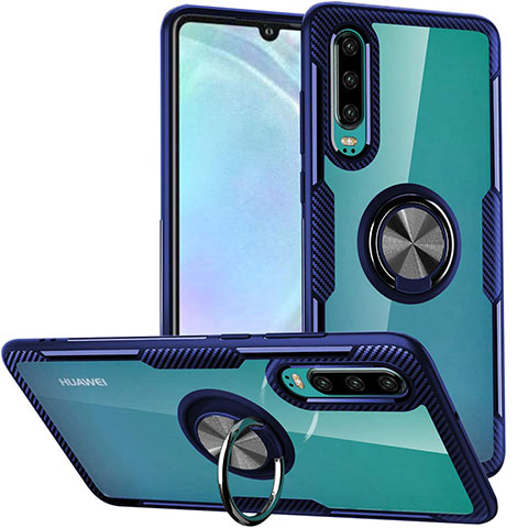 Custodia Silicone Trasparente Specchio Laterale 360 Gradi con Magnetico Anello Supporto S01 per Huawei P30 Blu