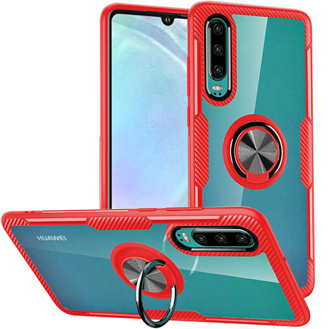 Custodia Silicone Trasparente Specchio Laterale 360 Gradi con Magnetico Anello Supporto S01 per Huawei P30 Rosso