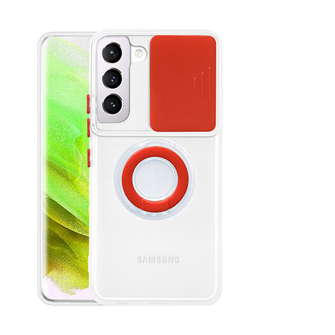 Custodia Silicone Trasparente Ultra Slim Cover Morbida con Anello Supporto A01 per Samsung Galaxy S21 5G Rosso