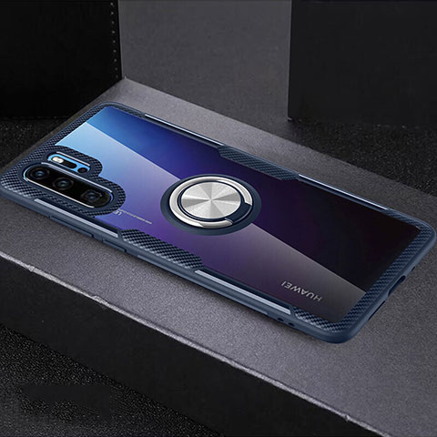 Custodia Silicone Trasparente Ultra Slim Cover Morbida con Anello Supporto C03 per Huawei P30 Pro Blu