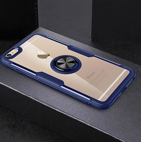 Custodia Silicone Trasparente Ultra Slim Cover Morbida con Anello Supporto R01 per Apple iPhone 6S Blu
