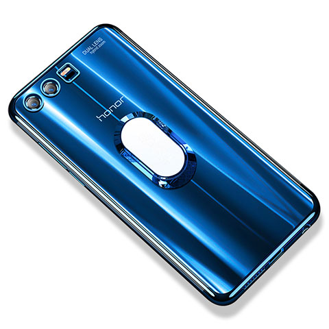Custodia Silicone Trasparente Ultra Slim Cover Morbida con Anello Supporto S01 per Huawei Honor 9 Blu