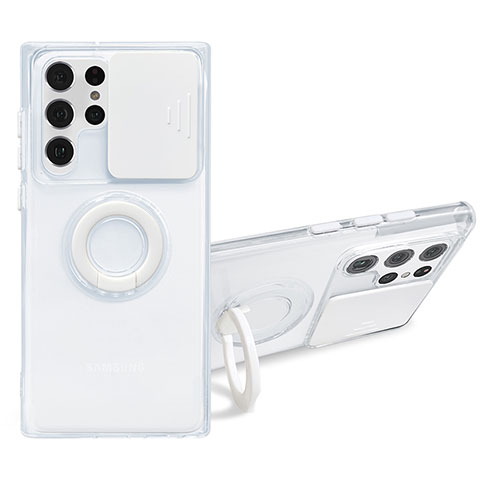 Custodia Silicone Trasparente Ultra Slim Cover Morbida con Anello Supporto S01 per Samsung Galaxy S21 Ultra 5G Bianco