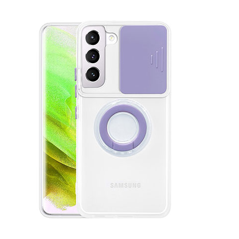 Custodia Silicone Trasparente Ultra Slim Cover Morbida con Anello Supporto S01 per Samsung Galaxy S22 Plus 5G Viola