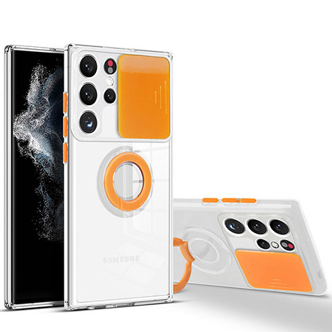 Custodia Silicone Trasparente Ultra Slim Cover Morbida con Anello Supporto S03 per Samsung Galaxy S22 Ultra 5G Arancione