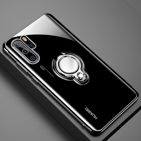 Custodia Silicone Trasparente Ultra Slim Cover Morbida con Magnetico Anello Supporto C01 per Huawei P30 Pro New Edition Nero