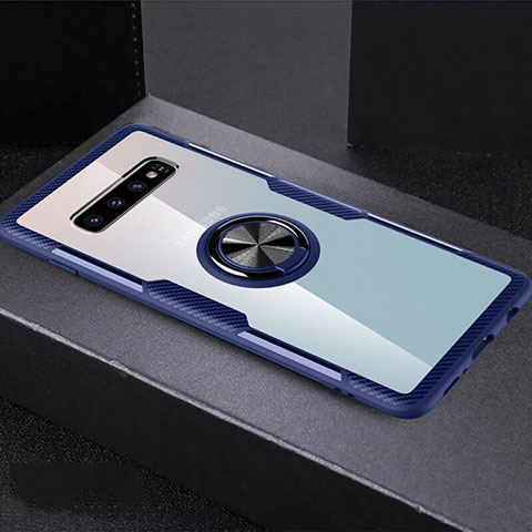 Custodia Silicone Trasparente Ultra Slim Cover Morbida con Magnetico Anello Supporto C01 per Samsung Galaxy S10 Plus Cielo Blu