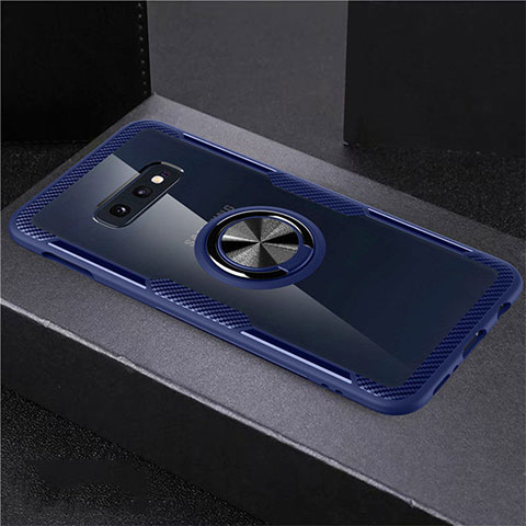 Custodia Silicone Trasparente Ultra Slim Cover Morbida con Magnetico Anello Supporto C01 per Samsung Galaxy S10e Blu e Nero