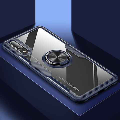 Custodia Silicone Trasparente Ultra Slim Cover Morbida con Magnetico Anello Supporto C02 per Huawei P20 Blu