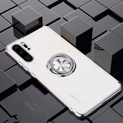 Custodia Silicone Trasparente Ultra Slim Cover Morbida con Magnetico Anello Supporto C02 per Huawei P30 Pro Bianco