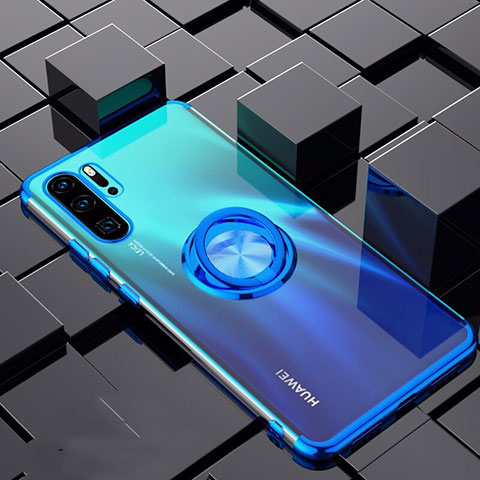 Custodia Silicone Trasparente Ultra Slim Cover Morbida con Magnetico Anello Supporto C02 per Huawei P30 Pro Blu