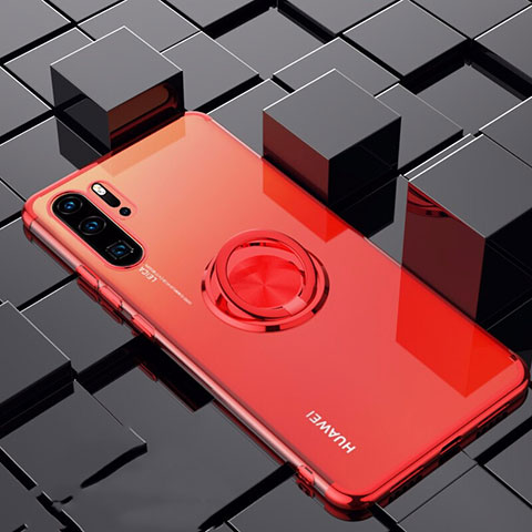 Custodia Silicone Trasparente Ultra Slim Cover Morbida con Magnetico Anello Supporto C02 per Huawei P30 Pro New Edition Rosso