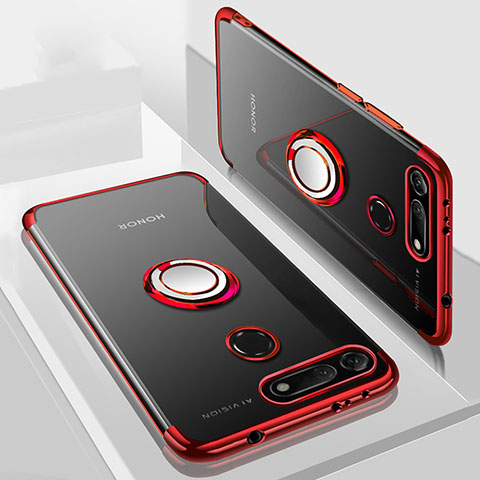 Custodia Silicone Trasparente Ultra Slim Cover Morbida con Magnetico Anello Supporto C03 per Huawei Honor V20 Rosso