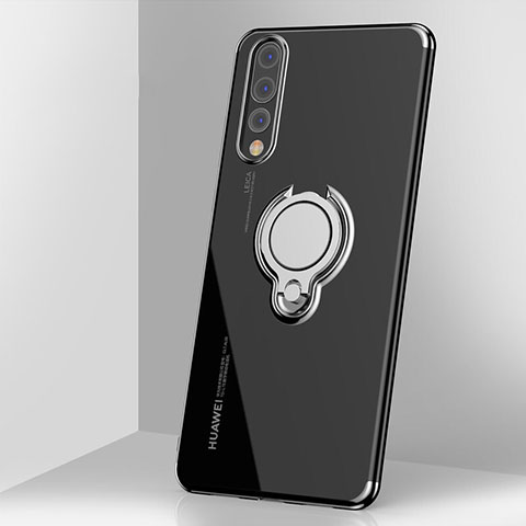 Custodia Silicone Trasparente Ultra Slim Cover Morbida con Magnetico Anello Supporto C03 per Huawei P20 Pro Nero