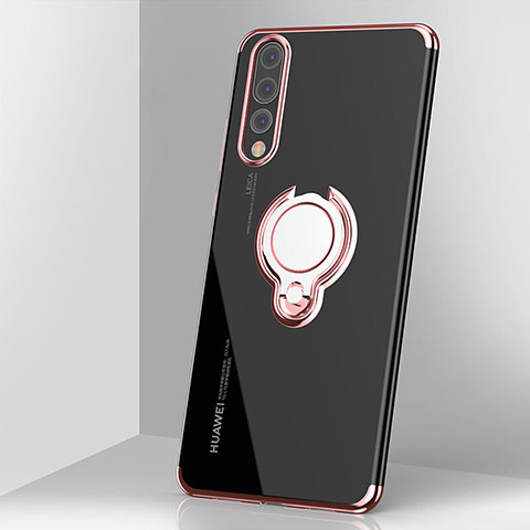 Custodia Silicone Trasparente Ultra Slim Cover Morbida con Magnetico Anello Supporto C03 per Huawei P20 Pro Oro Rosa