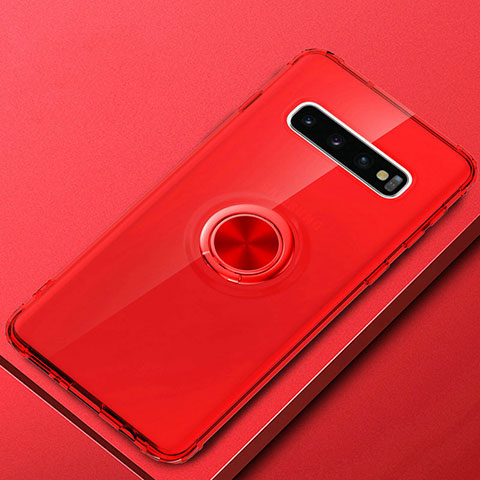 Custodia Silicone Trasparente Ultra Slim Cover Morbida con Magnetico Anello Supporto C03 per Samsung Galaxy S10 Plus Rosso